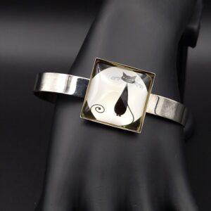 Bracelet cabochon réglable chat noir et blanc